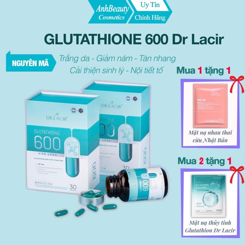 Viên uống Glutathione 600 Dr.Lacir giúp da trắng sáng, săn chắc, mịn màng, cân bằng nội tiết tố, một hộp 30 viên, 1200g