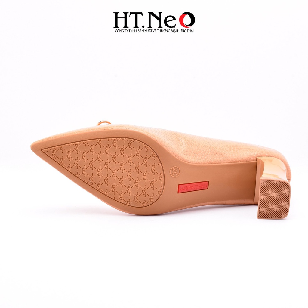 Giày cao gót đế vuông - Giày nữ HT.NEO Da vân tự nhiên, mũi nhon gót vuông cao 5cm, đính nơ cực xinh CS221