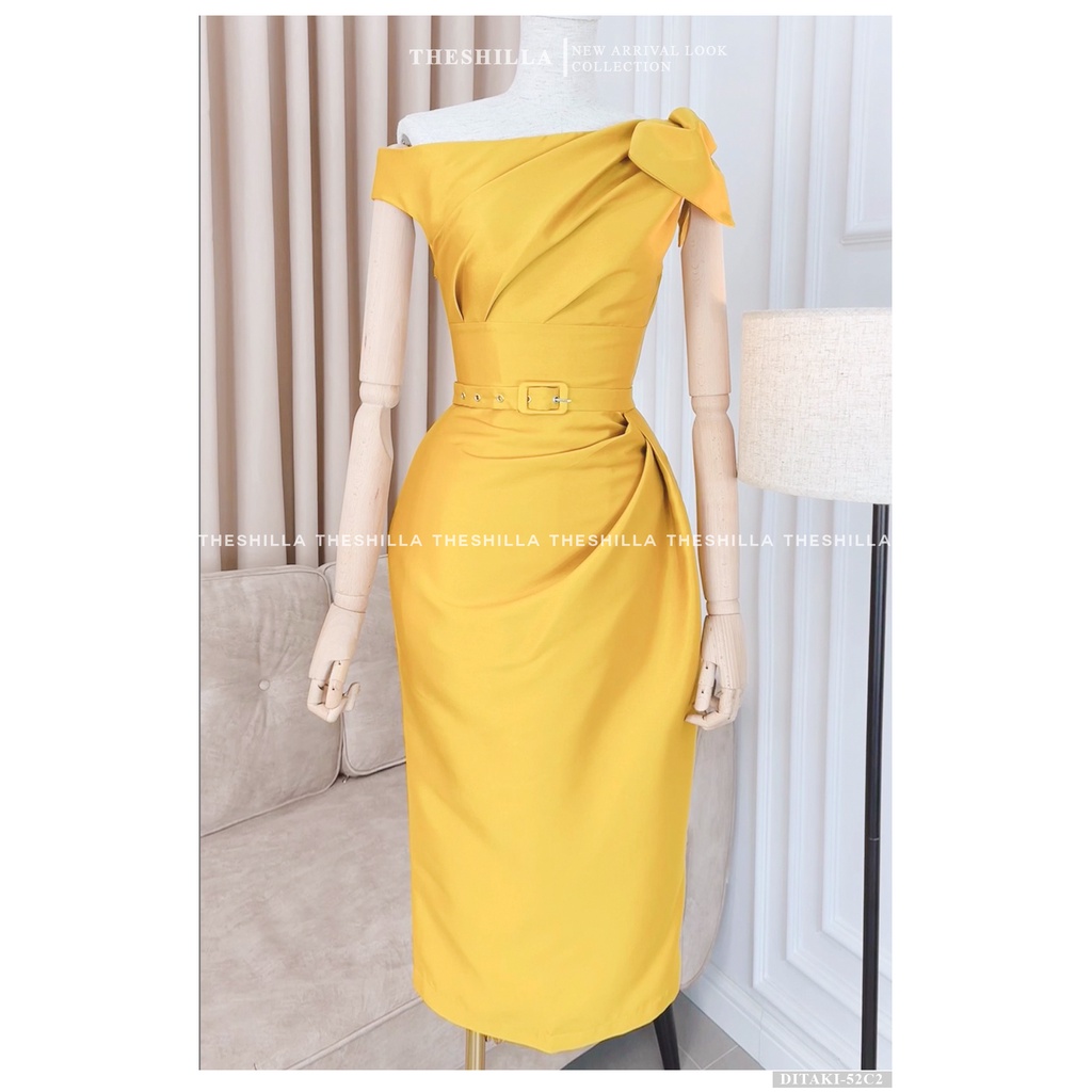 Váy thiết kế cao cấp màu vàng body vai nơ kèm thắt lưng [ Có video + Ảnh thật ] The Shilla - Ditaki-52C2