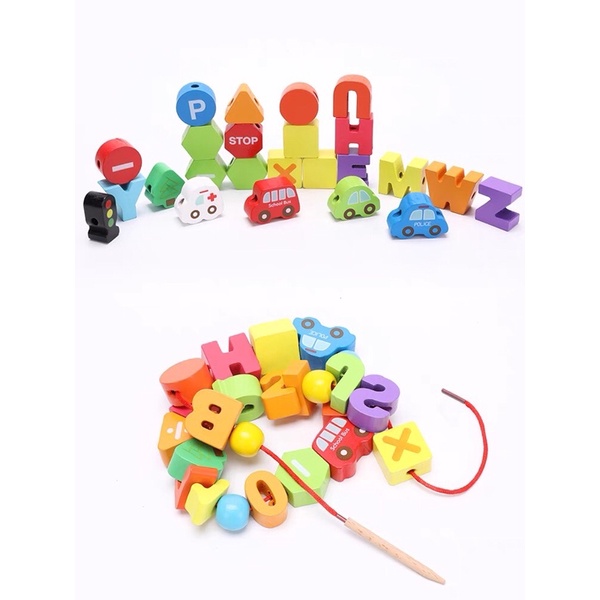 Đồ Chơi Gỗ Thông Minh The Pooh Cho Bé Xâu Luồn Hạt Chữ Số Kèm Phương Tiện Giao Thông  An Toàn Cho Bé Từ 3-6 tuổi