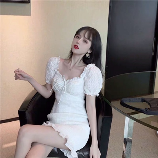 Váy trắng body tay bồng ulzzang