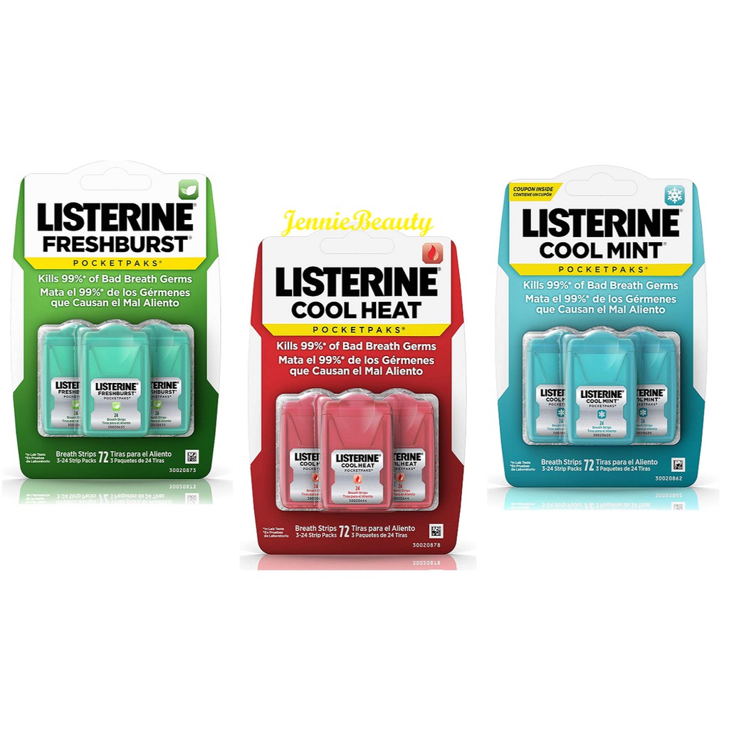 [Hàng Mỹ] Miếng ngậm thơm miệng diệt khuẩn 99% Listerine Pocketpaks (Vỉ 3 hộp 72 miếng)