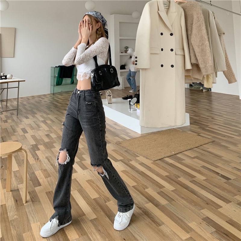 Quần Jeans ống rộng màu xám phối rách thời trang mùa thu cho nữ 2021