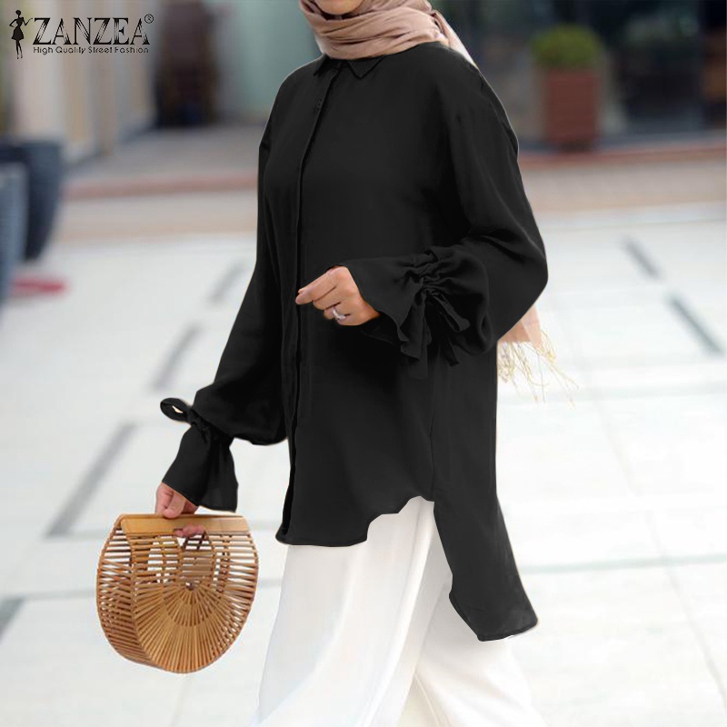 Áo sơ mi ZANZEA tay loe dài màu trơn kiểu dáng đơn giản thời trang thường ngày cho nữ