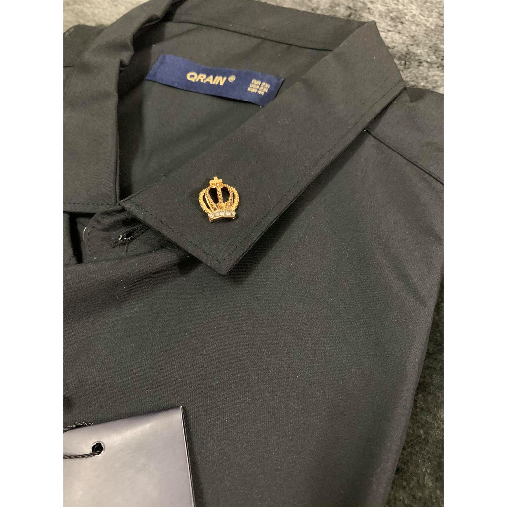 Áo Sơ Mi Nam Dài Tay Logo Đính Cổ Vải Lụa Cao Cấp, Áo Sơmi Trắng Đen Dáng Ôm Form Body