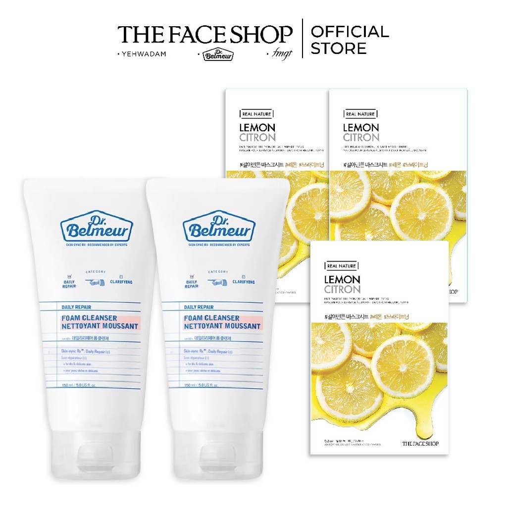 Combo Sữa Rửa Mặt Dịu Nhẹ TheFaceShop Dr.Belmeur Daily Repair Foam Cleanser 150Ml & Mặt Nạ Real Nature Lemon 20g