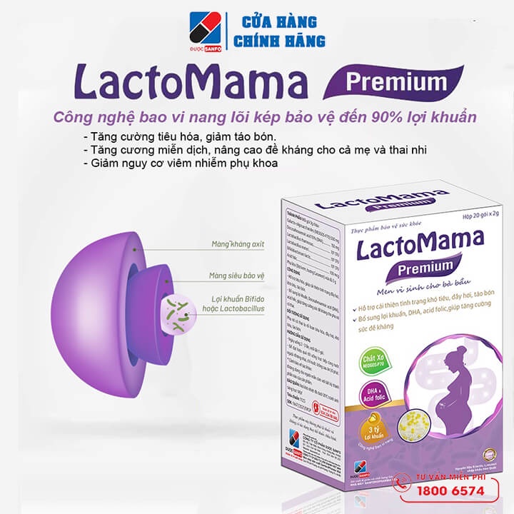 Lactomama Premium men vi sinh dành cho bà bầu, ổn định tiêu hóa, giải quyết táo bón, tăng sức đề kháng, hộp 20 gói