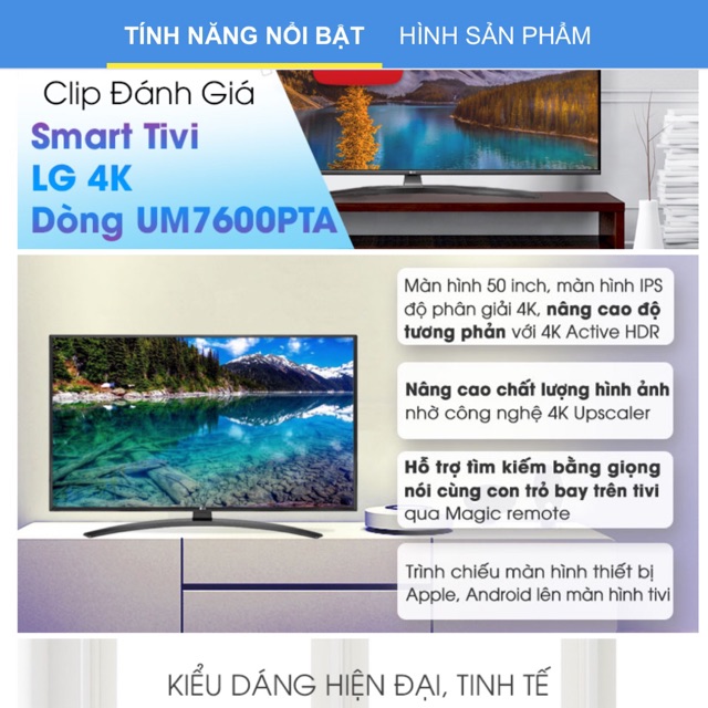 Smart Tivi LG 4K 50in UM7600PTA Remote thông minh hỗ trợ tìm kiếm bằng tiếng việt Đa dạng cổng kết nối ảnh chân thật