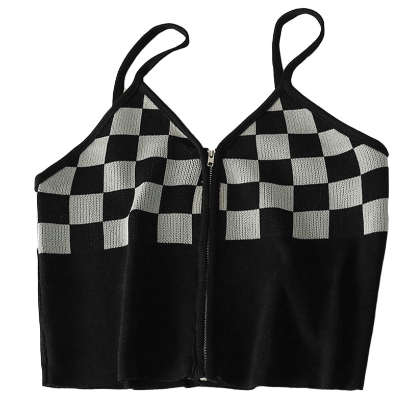 Áo Croptop Hai Dây Dệt Kim Cổ Chữ V Họa Tiết Sọc Caro Phối Khóa Kéo Thời Trang Cho Nữ