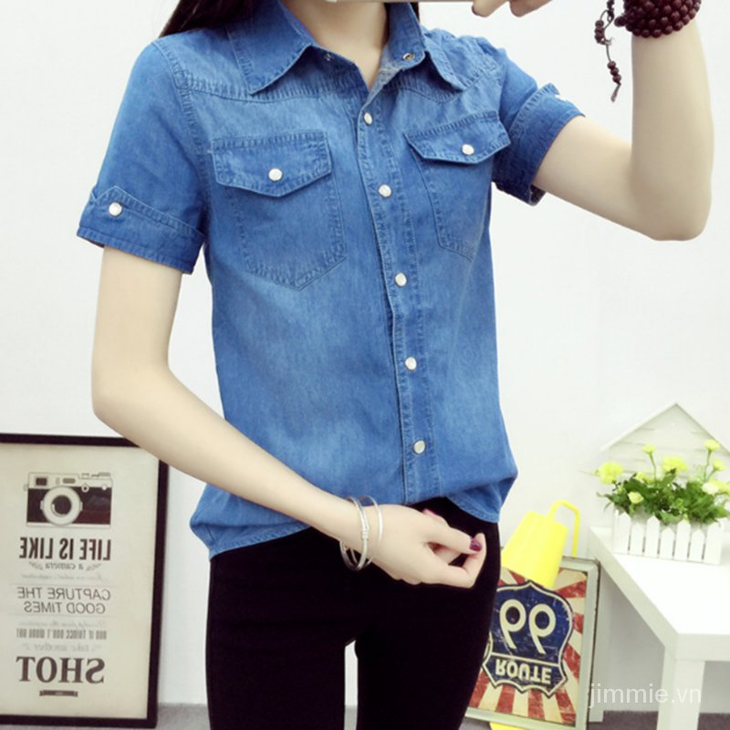 Áo Sơ Mi Denim Nữ Mùa Hè Thường Ngắn Tay Bông Kích Thước Mỏng Hàn Quốc Vân Áo Sơ Mi Denim Đầm Mỏng Gió