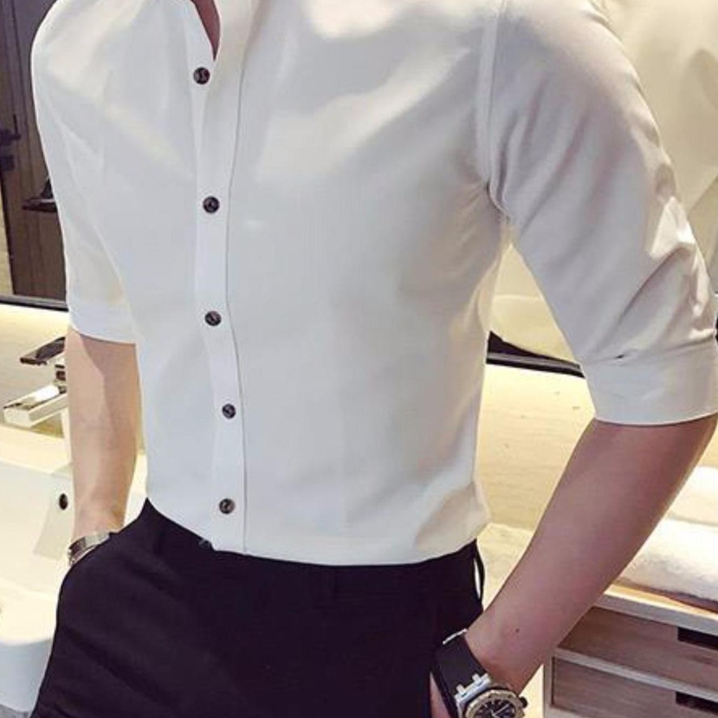 Áo sơ mi nam Cổ Tàu Trắng cúc Đen Vải lụa Thái lan, Sơ mi nam cổ tàu màu trắng dáng ôm Body hàn quốc | BigBuy360 - bigbuy360.vn