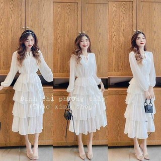 Váy trắng dự tiệc tiểu thư thắt nơ cổ xếp tầng