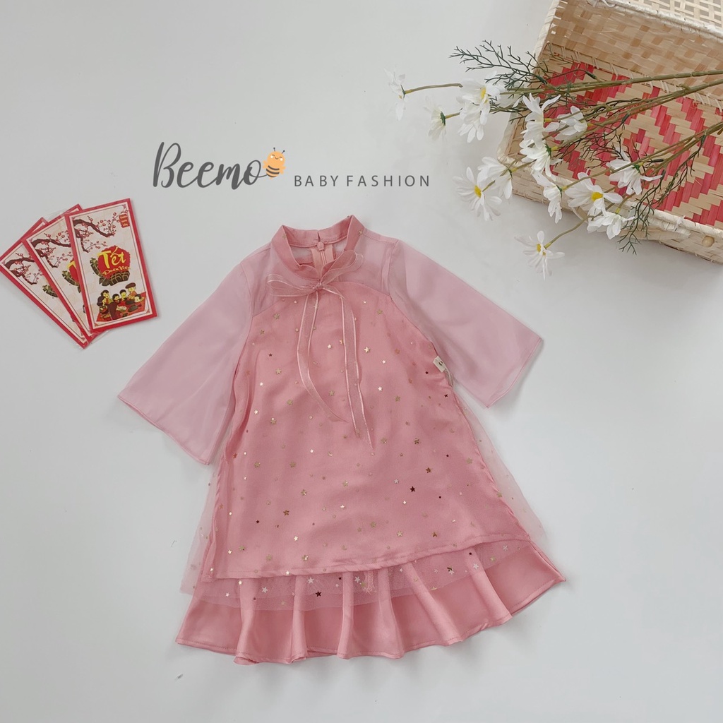Áo dài cho bé gái Beemo, Chất liệu lụa mềm kết hợp ren lưới, tay phối vải voan, 3 màu xinh xắn  B107