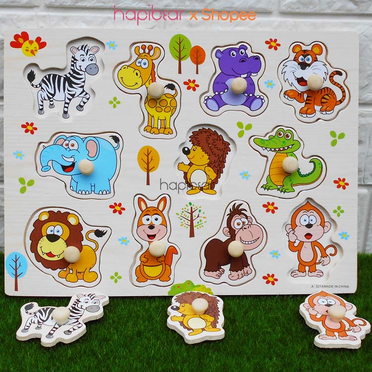 Bảng núm gỗ 30x23cm, bảng ghép hình núm gỗ nhiều chủ đề động vật, trái cây, chữ số loại dày