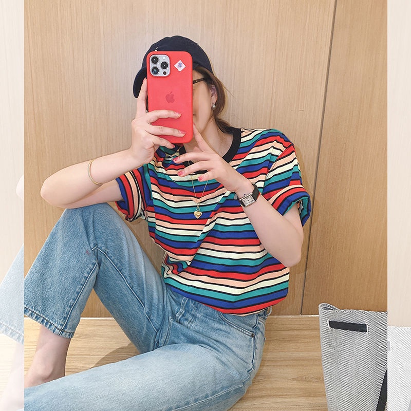 Áo Thun Tay Ngắn Cổ Tròn Dáng Rộng Họa Tiết Kẻ Sọc Nhiều Màu Sắc Phong Cách Hàn Quốc Thời Trang Mùa Hè Cho Nữ