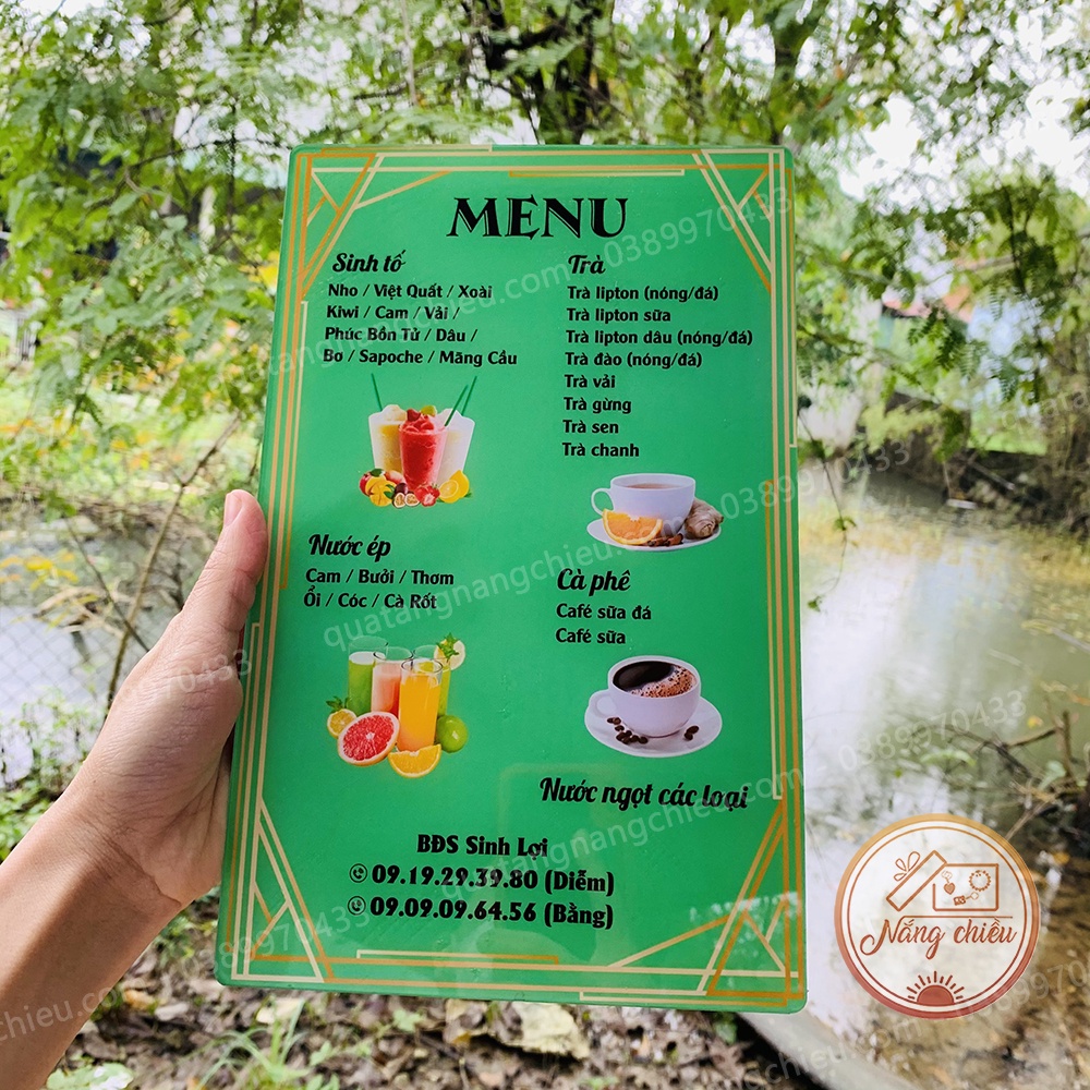Menu đồ uống nước ép cho tiệm cà phê thiết kế nội dung theo yêu cầu - Chất liệu mica sáng bóng - Size 17x27cm