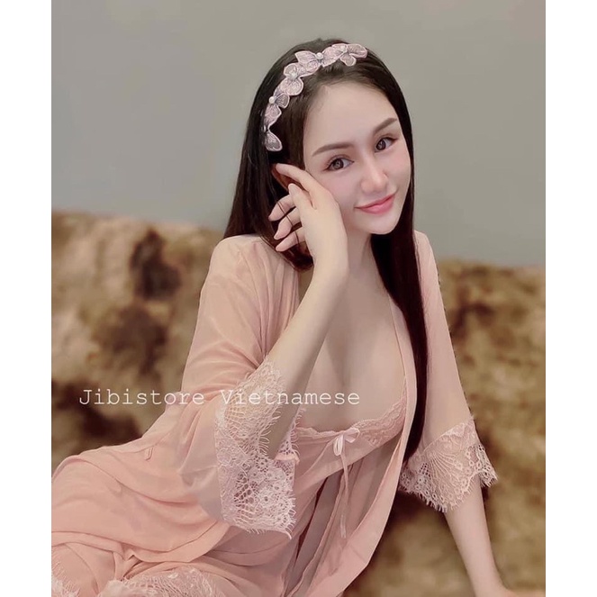 Đầm Ngủ Cao Cấp, Váy Ngủ Sexy Ren Voan Mỏng Kèm Áo Choàng Thắt Dây Nơ