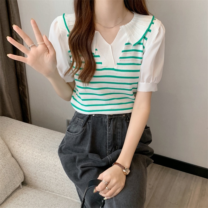 Áo Thun Tay Ngắn Họa Tiết Sọc Thời Trang Phong Cách Hàn Quốc Cho Nữ