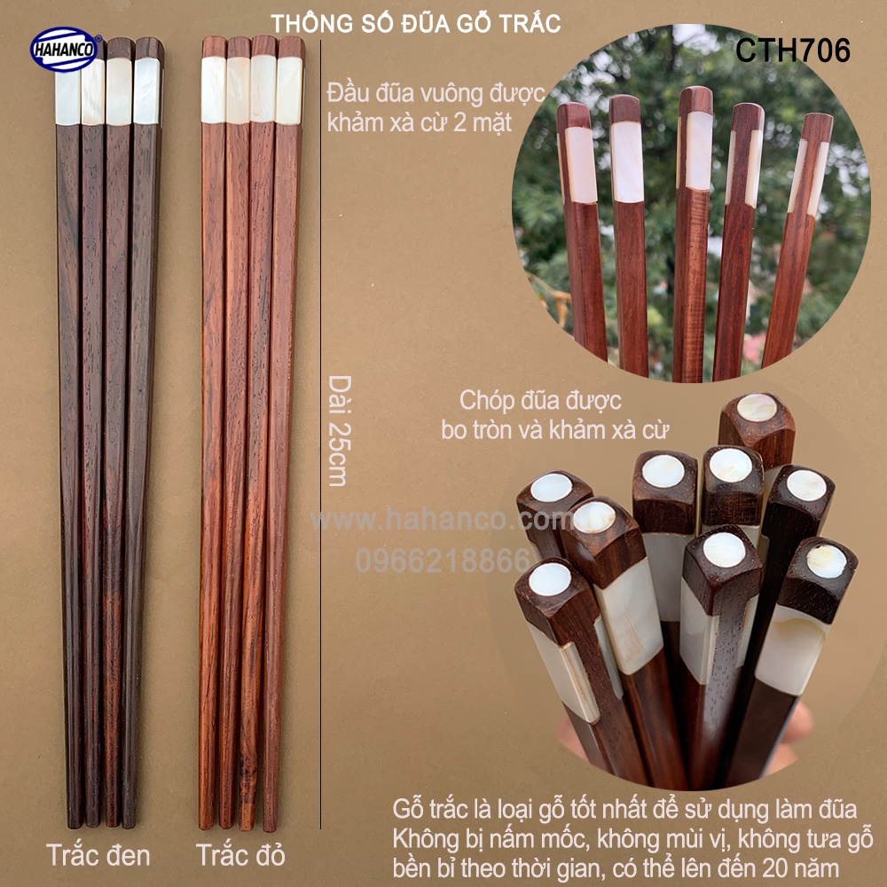 Đũa Gỗ Trắc Đầu Khảm Xà Cừ 2 cạnh HAHANCO (10 đôi) Kháng Khuẩn Siêu Sạch - CTH706