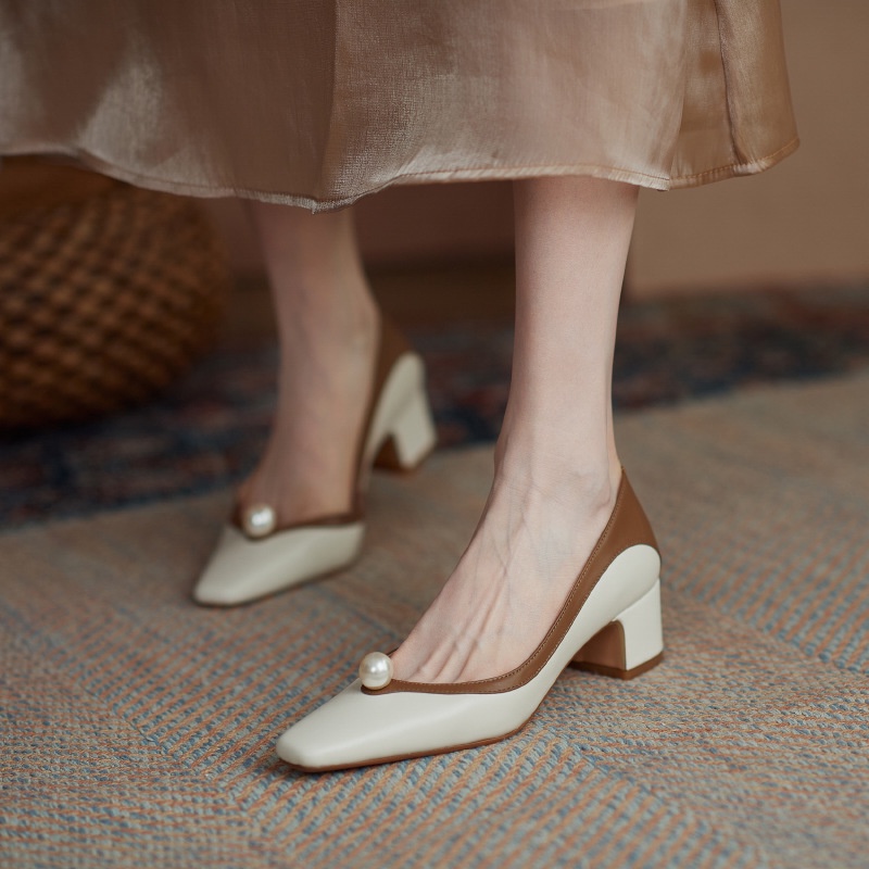Giày Cao Gót Mũi Vuông Đính Ngọc Trai Nhân Tạo Phong Cách Pháp Cổ Điển Thời Trang Mùa Xuân 2022 Mới Dành Cho Nữ