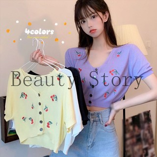 Áo croptop tay ngắn cổ chữ V thêu họa tiết thời trang cho nữ