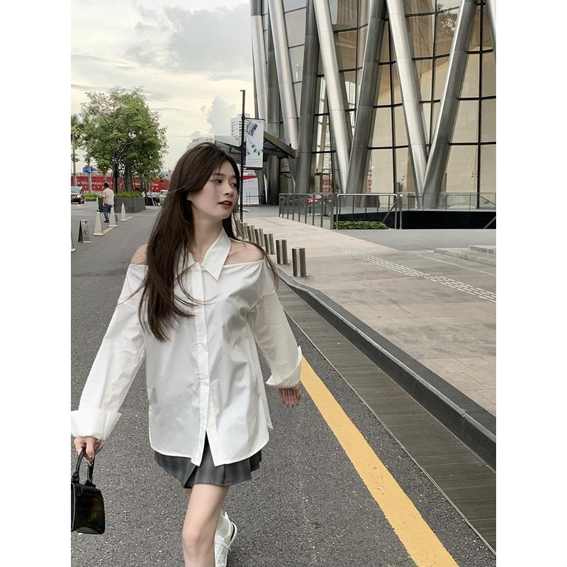 Áo Kiểu Trễ Vai Tay Dài Màu Trắng Thiết Kế Mới 2022 Thời Trang Cho Nữ