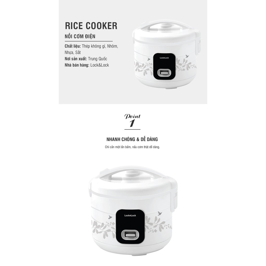 [Mã ELHADEV giảm 4% đơn 300K] Nồi cơm điện Lock&amp;Lock rice cooker 1.8L - màu trắng EJR626WHT