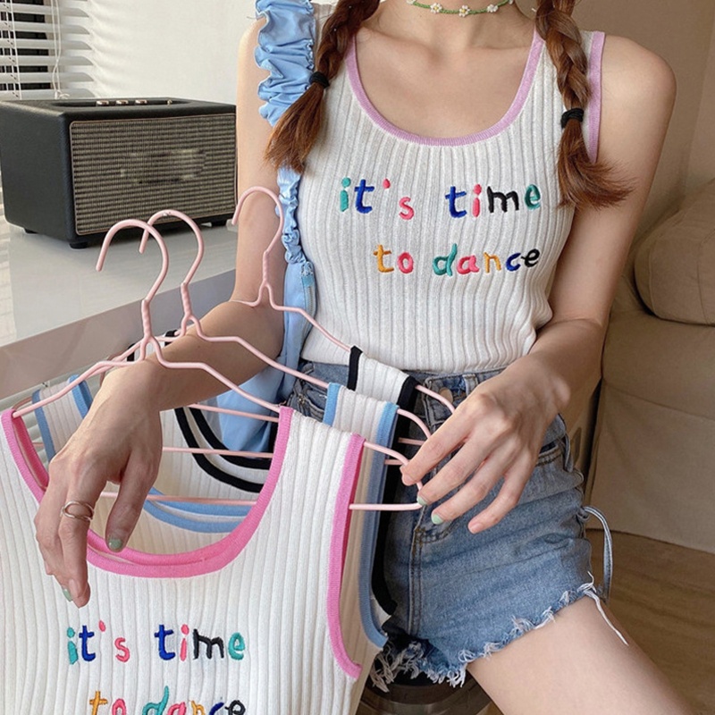 Áo Croptop Dệt Kim Không Tay Thêu Chữ Nhiều Màu Sắc Dễ Thương Cho Nữ