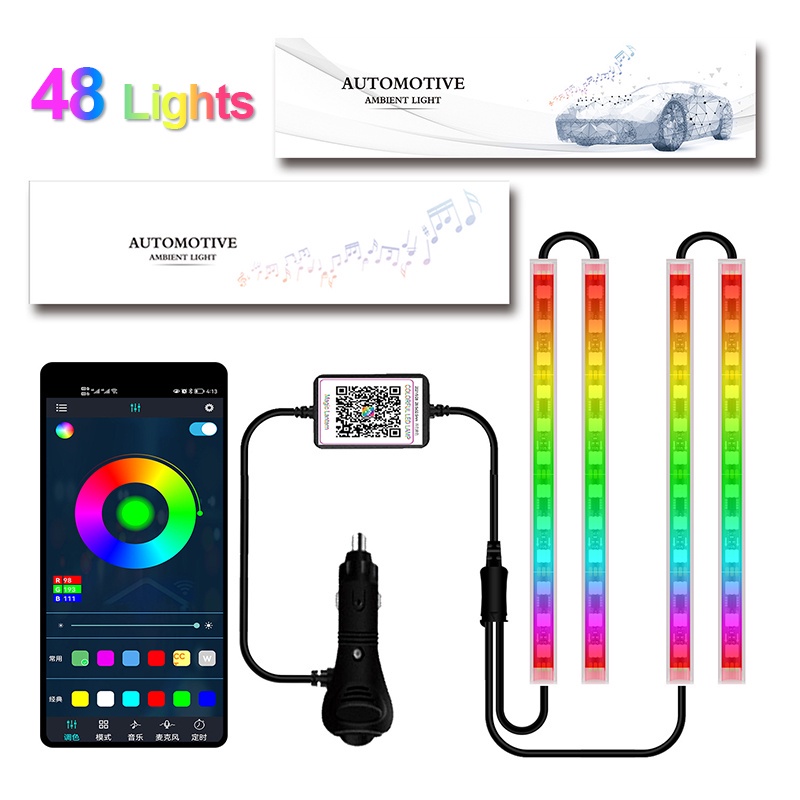 Đèn chiếu sáng nội thất ô tô 36/48 LED Đèn chiếu sáng xung quanh Dải Neon năng động Đèn chiếu sáng chân với thuốc lá Nhẹ hơn Đèn trang trí khí quyển tự động 12V