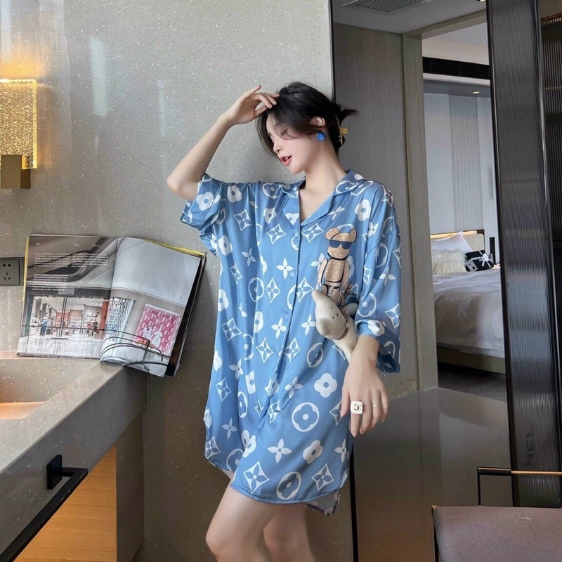 Váy ngủ sơ mi tay lỡ ro bốt đeo kính K007 lụa satin cao cấp quảng châu.