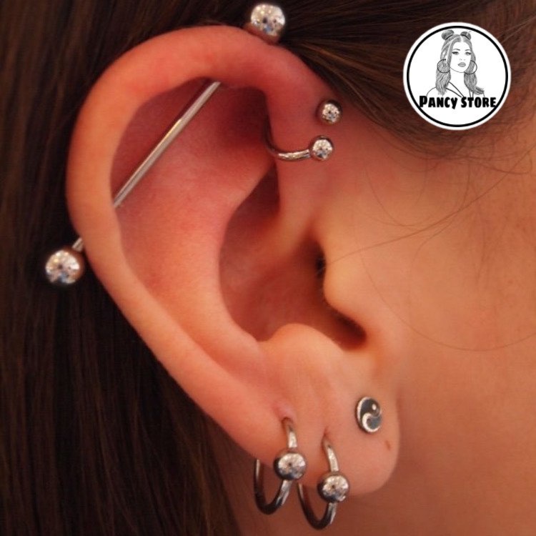 bông tai khuyên tai Industrial thanh thẳng bi Unisex cho nam nữ