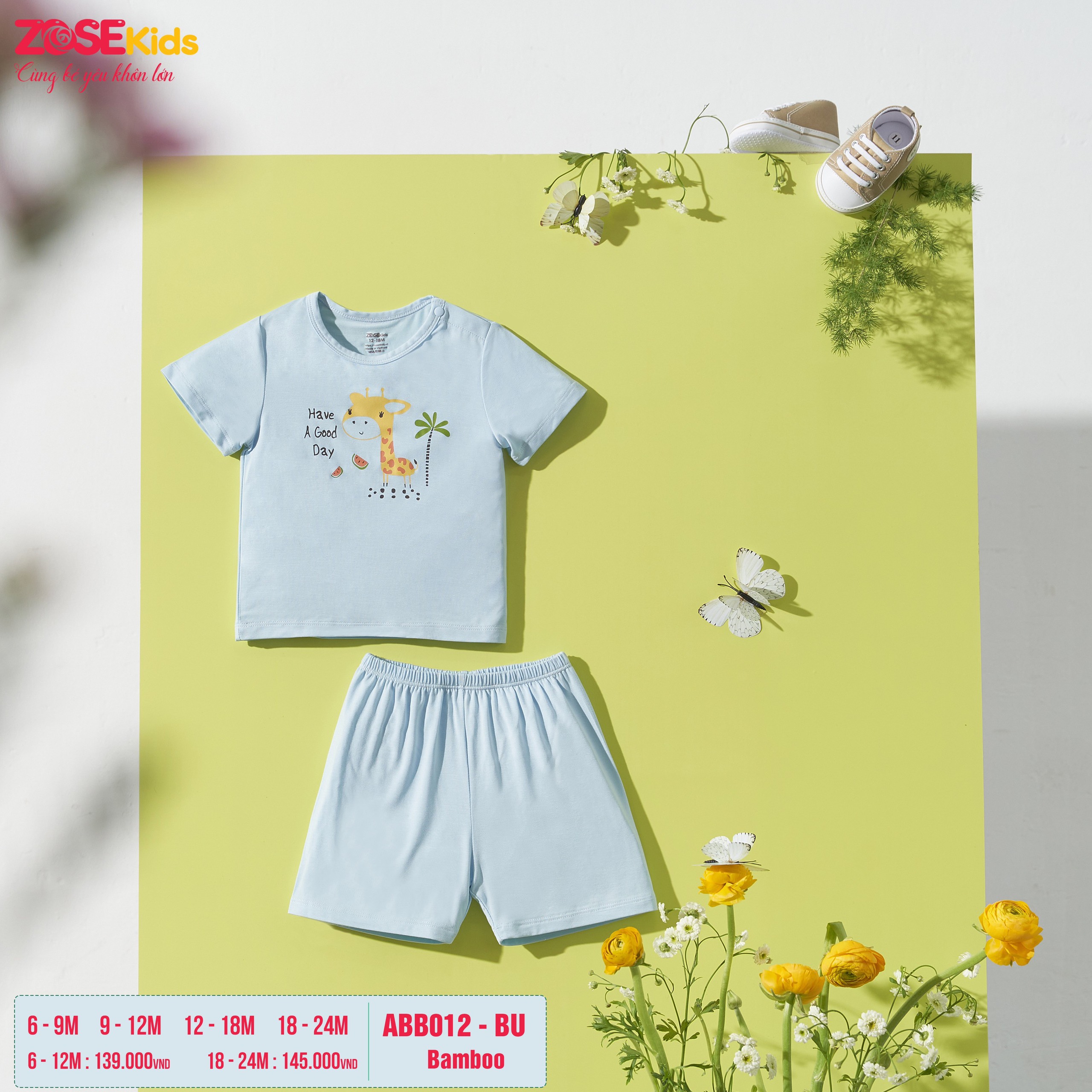 [Chính Hãng] Bộ cộc tay cài vai quần đùi sợi tre in hình trẻ em Zose Kids