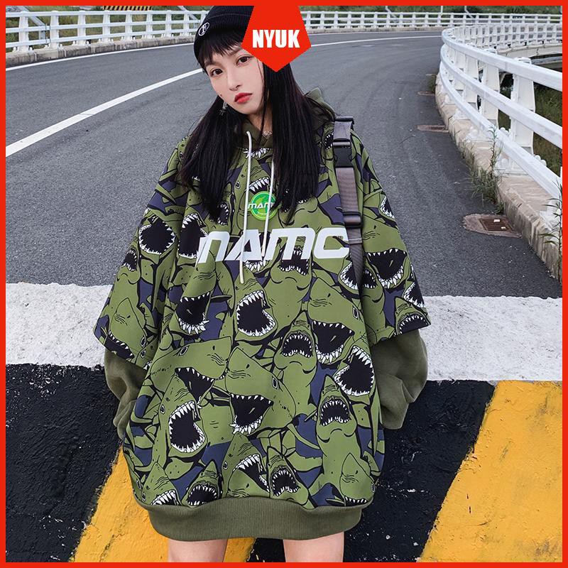 Áo Hoodie Tay Dài Giả Hai Lớp In Họa Tiết Cá Mập Phong Cách Hip Hop Thời Trang Năng Động