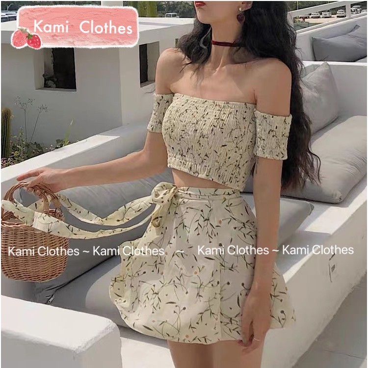 Set áo croptop hoa trễ vai chun và chân váy vạt chéo 2 lớp Ulzzang Quảng Châu - Kami Clothes | BigBuy360 - bigbuy360.vn