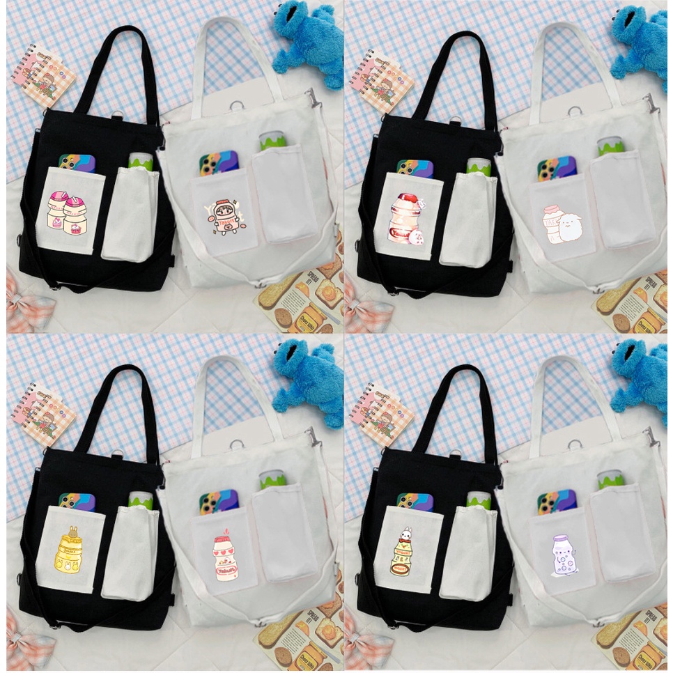 Túi Vải Tote Kiêm Balo avocado TBL1 hổ mập quả bơ trà sữa trứng lười yakult hoa cúc GD bò sữa gudetama shiba roro jump
