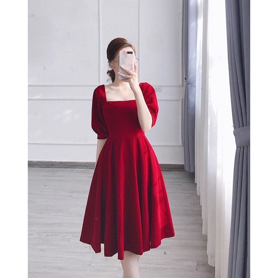 Váy Đầm Xòe Cổ Vuông Tay Phồng Ôm Eo Chất Liệu Vải Umi Thời Trang Nữ Mẫu Free Size Dưới 56kg