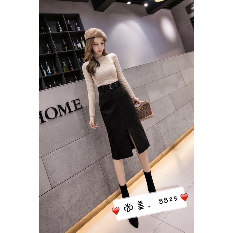 Chân váy dạ xẻ trước kèm đai dáng dài qua gối, Chân váy dáng dài kèm đai CV1765 - NhiNhiShop | BigBuy360 - bigbuy360.vn