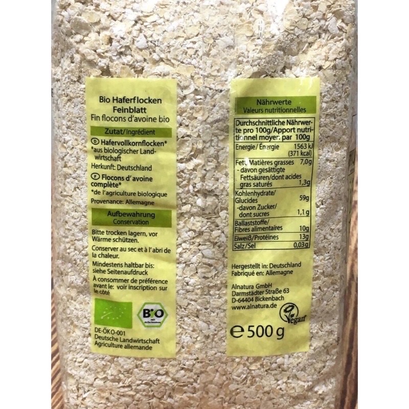 Yến mạch cán vỡ Hafer Flocken 500gr, 5 phút ăn liền