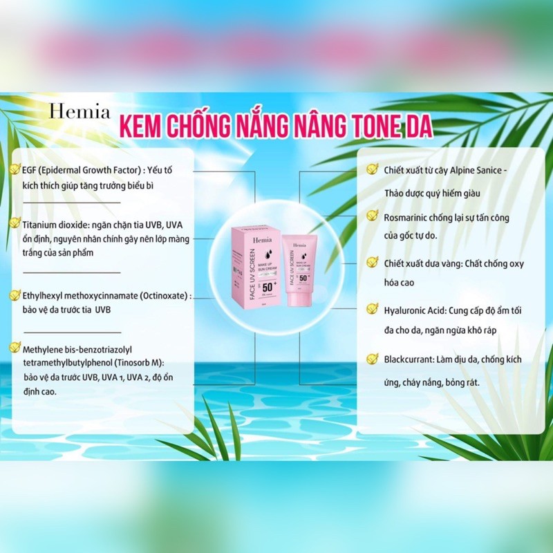 Kem Chống Nắng Nâng Tông Kiềm Dầu Căng Bóng Che Khuyết Điểm HEMIA