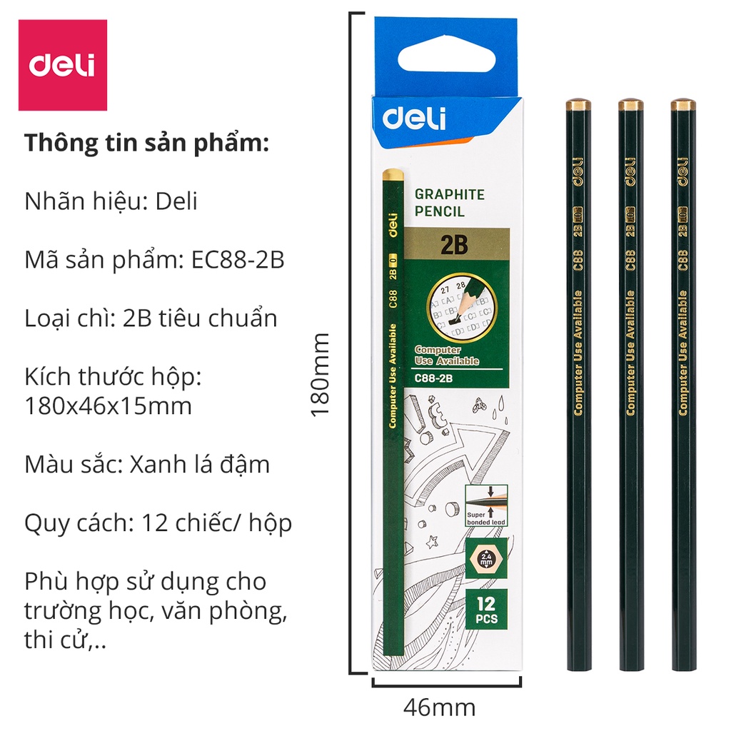 Bộ 12 bút chì gỗ học sinh Deli - phù hợp với dùng trong thi cử, quét máy chấm thi sử dụng trong trường học, văn phòng