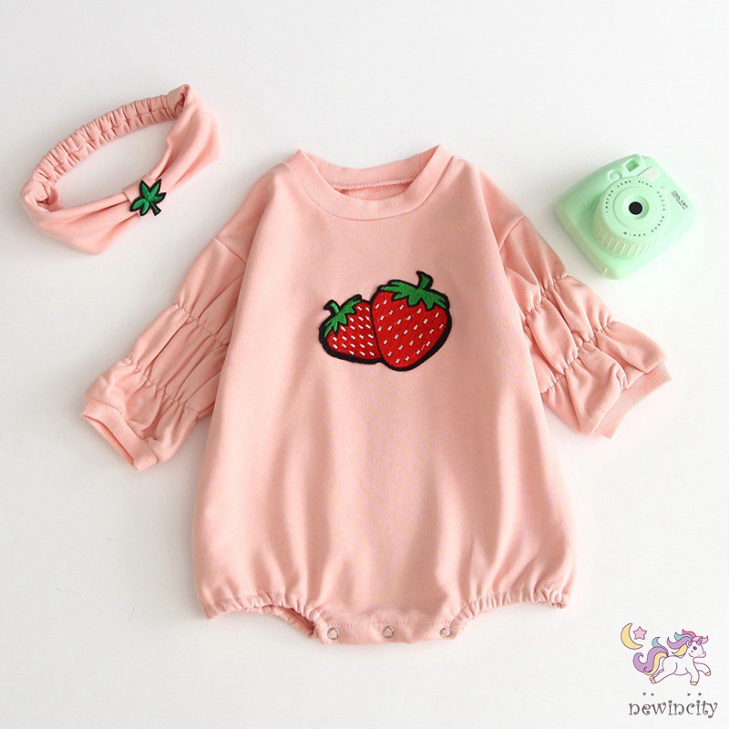 Bộ áo liền quần tay dài in hình trái cây kèm băng đô cho bé gái