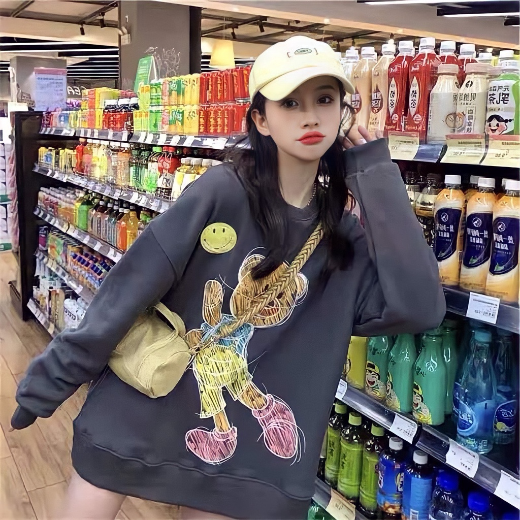 Áo Sweater Nỉ Nữ Hình Gấu In Màu 🦋 Áo Thun Nữ Cổ Tròn Dài Tay 2 Màu 🦋