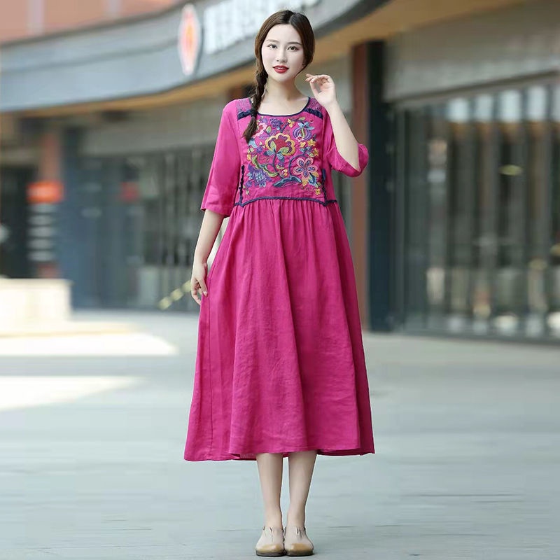 Đầm Cotton Lanh Mỏng Cổ Tròn Tay Lửng Thêu Họa Tiết Dân Tộc Cổ Tròn Thời Trang 2022 2022