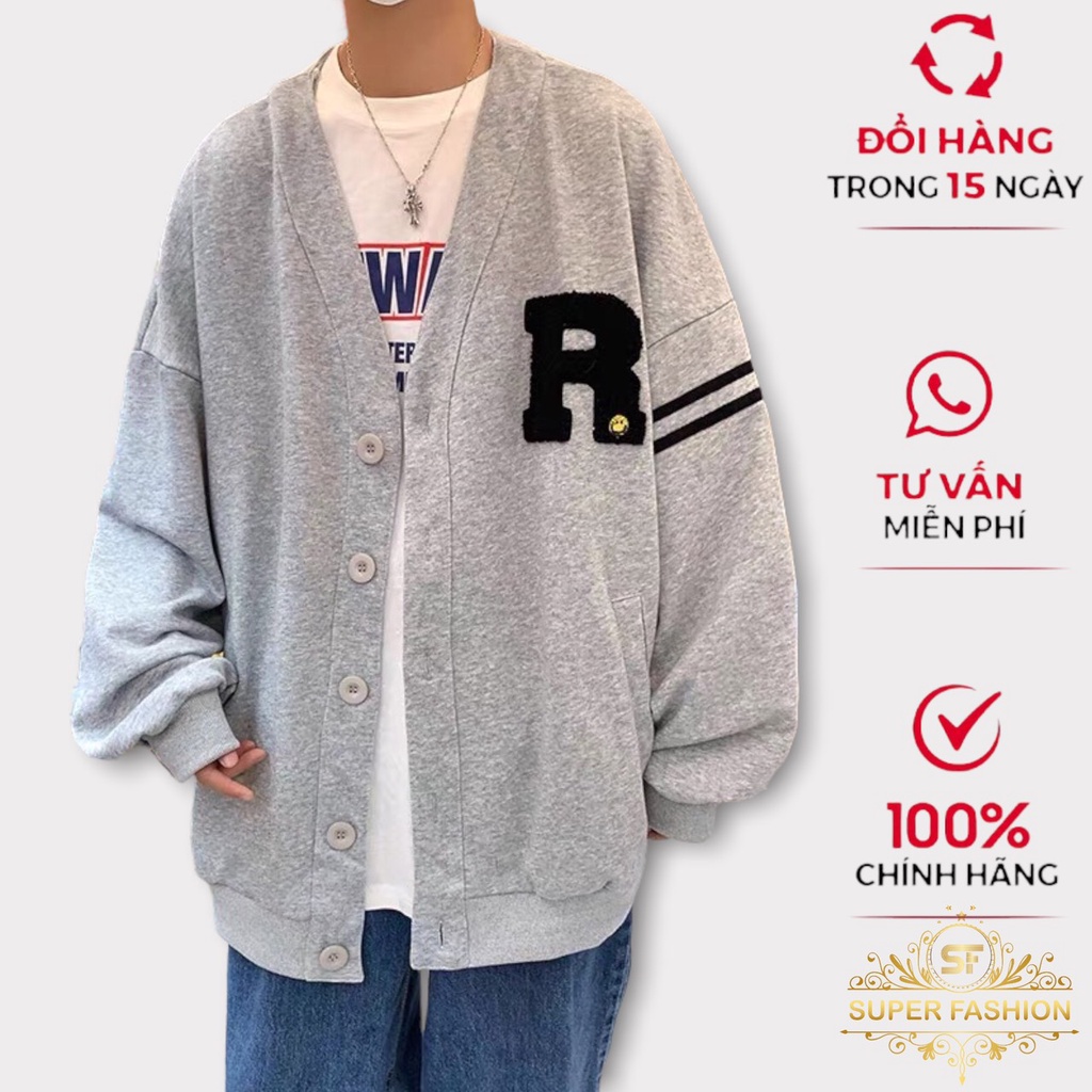 Áo Khoác Cadigan Super Fashion Nam Chất Nỉ Mềm Kiểu Dáng Bomber Nút Cài To, Form Đẹp Họa Tiết Chữ R Hot Trend