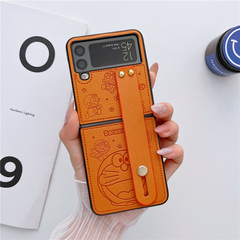 Ốp Điện Thoại Da PU Hoạt Hình Doreamon Có Dây Đeo Cổ Tay Làm Vòng Đỡ Samsung Galaxy Z Flip 4 3 2 1 Samsung Z Flip 4 5G
