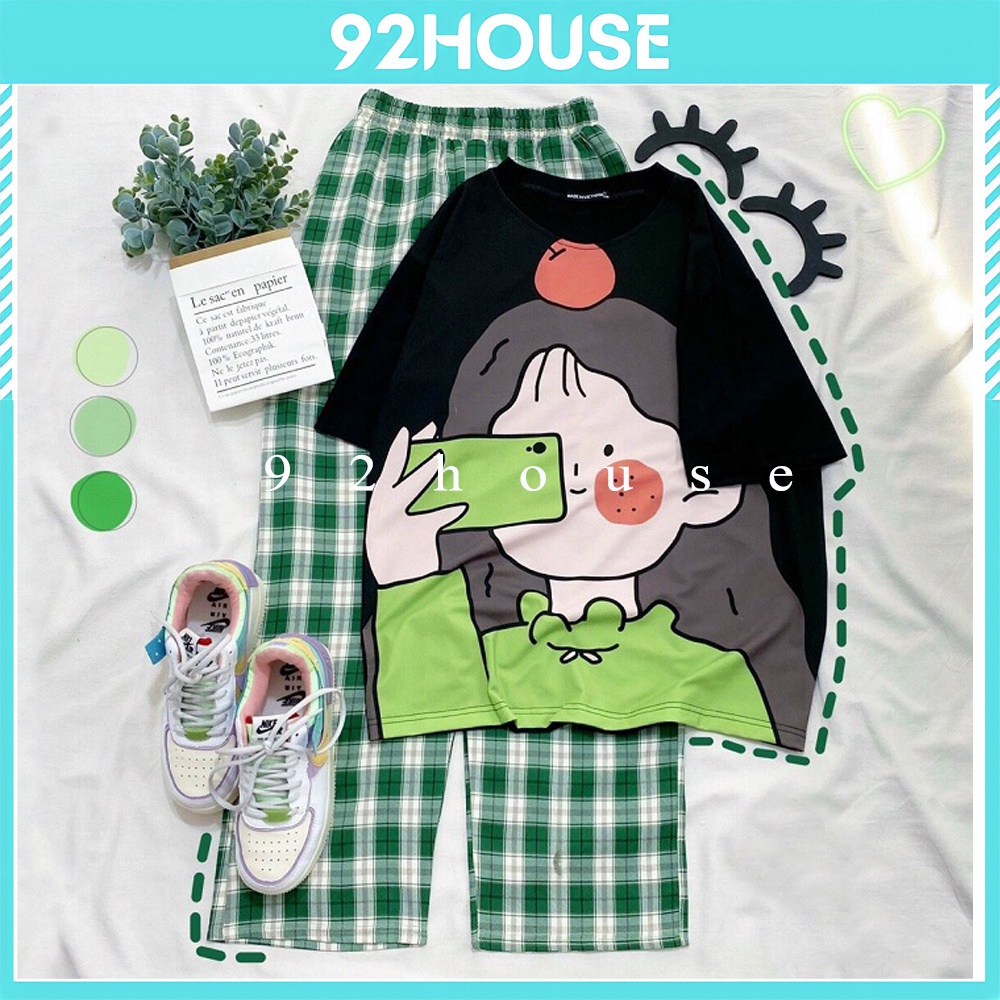 Bộ dài áo phông bé gái táo đỏ quần ống rộng caro unisex