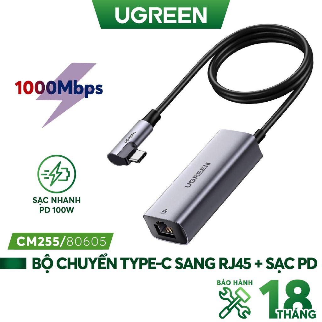 Bộ chuyển đổi USBTypeC sang LAN 10/100 Mbps Ethernet và cổng sạc TypeC PD 100W UGREEN 80605