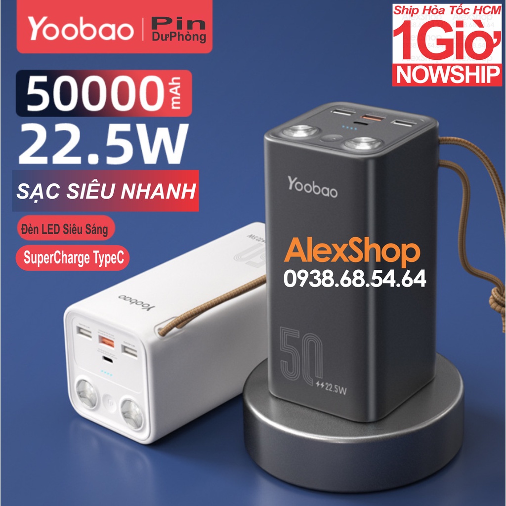 Sạc Dư Phòng Yoobao 50000mAh Sạc Siêu Nhanh SuperCharge PD (TypeC) 2 Màu Đen-Trắng Có Led Siêu Sáng