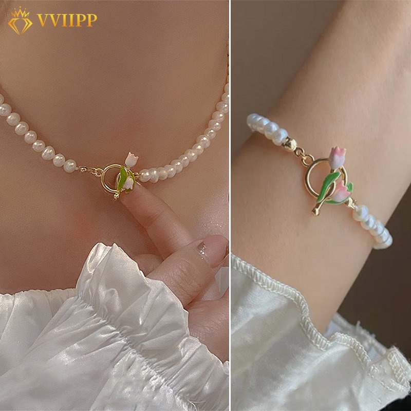 Vòng cổ ngọc trai vòng cổ đẹp đẽ vòng tay bông hoa tulip màu hồng vòng tay nữ trang