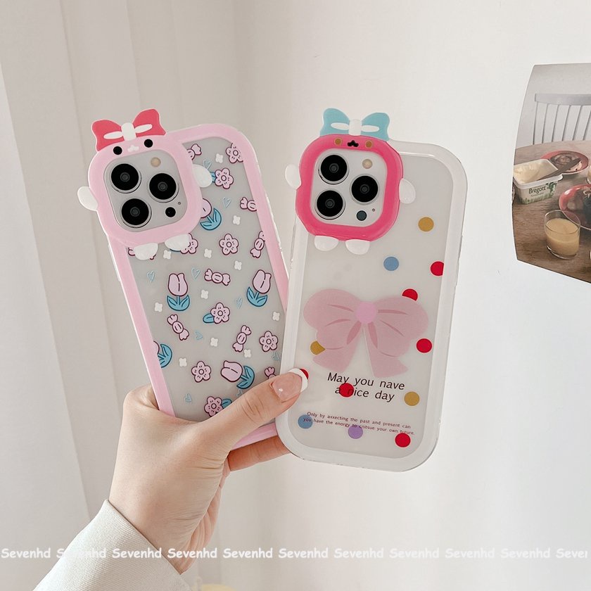 Ốp Điện Thoại Mềm Trong Suốt In Hình Quái Vật Gắn Nơ Hồng Cho iPhone 14 13 12 11 Pro Max Xs Max Xr X 7 8 6 6s Plus